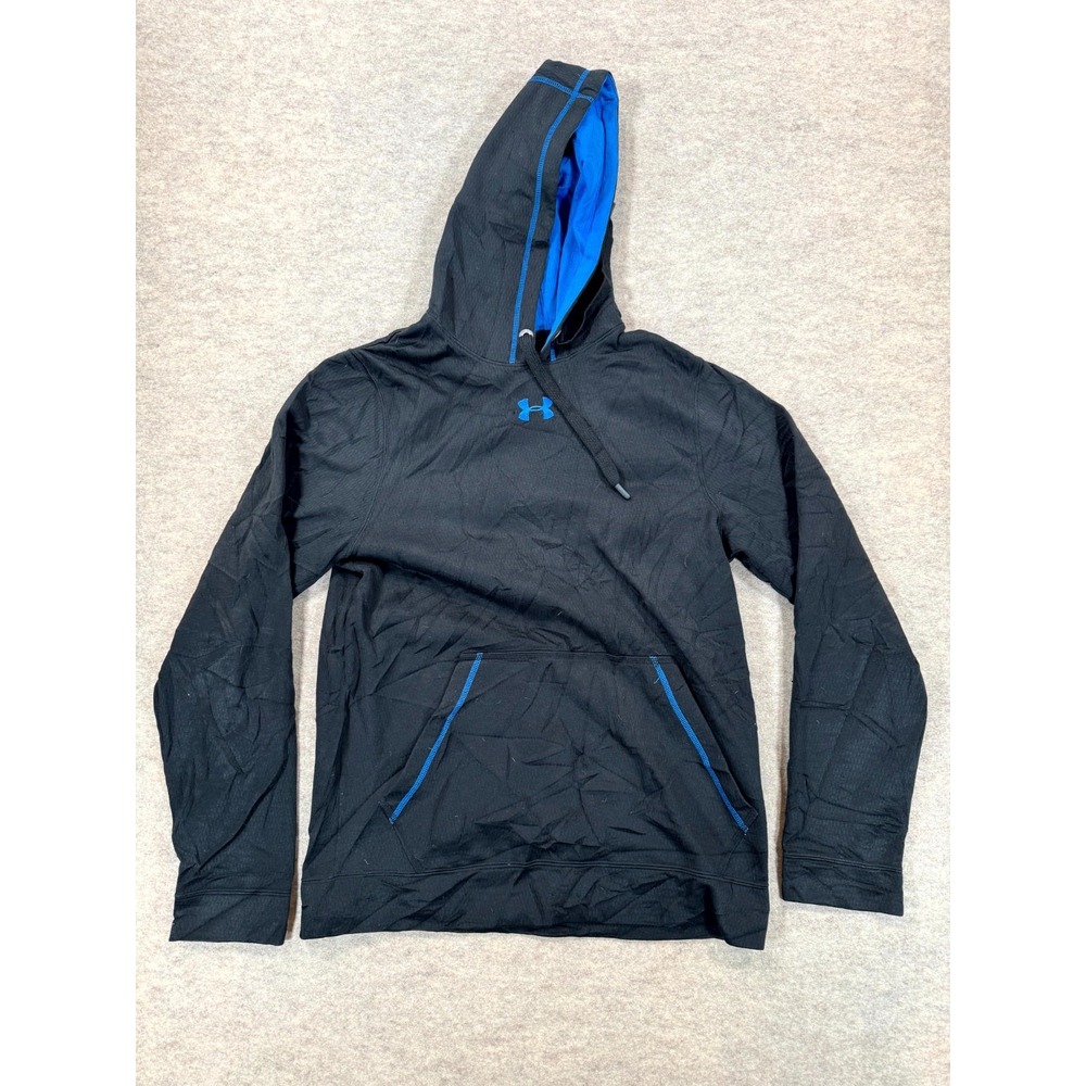Under Armour Hoodie Mens Small Blue Black Contrast Stitching Pullover Loose Fit